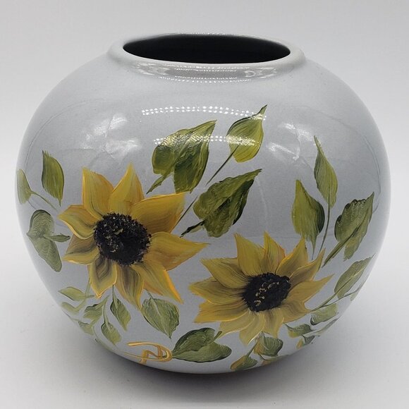 Signed Grey Hand Painted Yellow Sunflower Greenery Ceramic Vase - 5" (H) - Picture 1 of 7